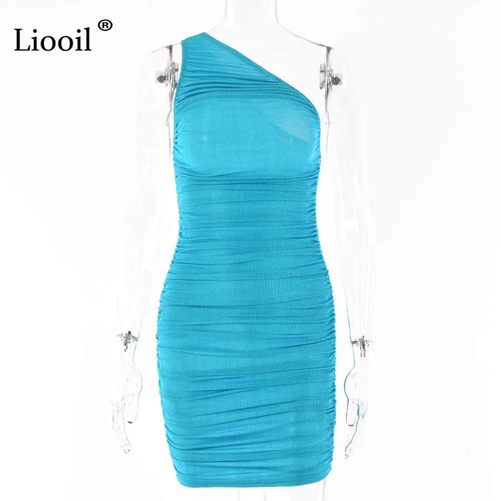 

Liooil Inclined Shoulder Ruched Bodycon Mini Dress Women Streetwear Asymmetrical Sleeveless Blue Orange White Sexy Short Dresses