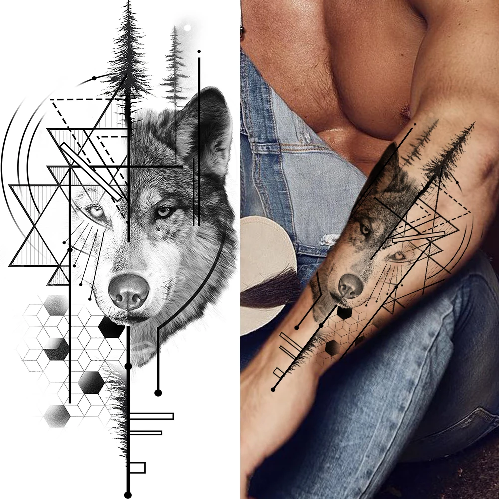 Geometry Triangle Wolf Temporary Tattoo Owl Snake Sword Tribal Tattoo Sticker Kids Men Women Black Fake Sandglass Tatoo Armband images - 6