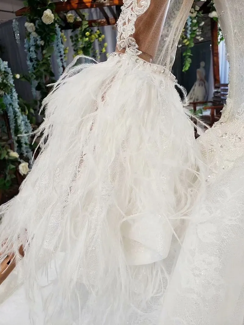 Милое Свадебное платье с длинными рукавами и перьями 2020 бальное размера плюс