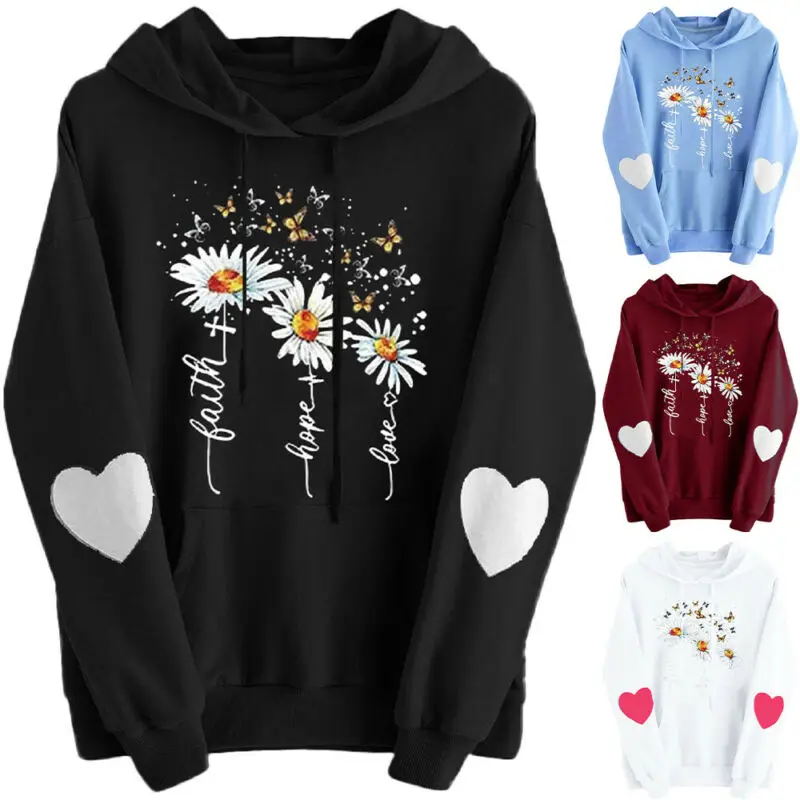 

Women Ladies Flower Print Hoodie Sweatshirt Causal Gym Work Out Jumper Top