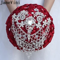 janevini burgundy rhinestone wedding bouquets with silver crystal luxury diamond beaded satin rose bridal flower bouquet 2019