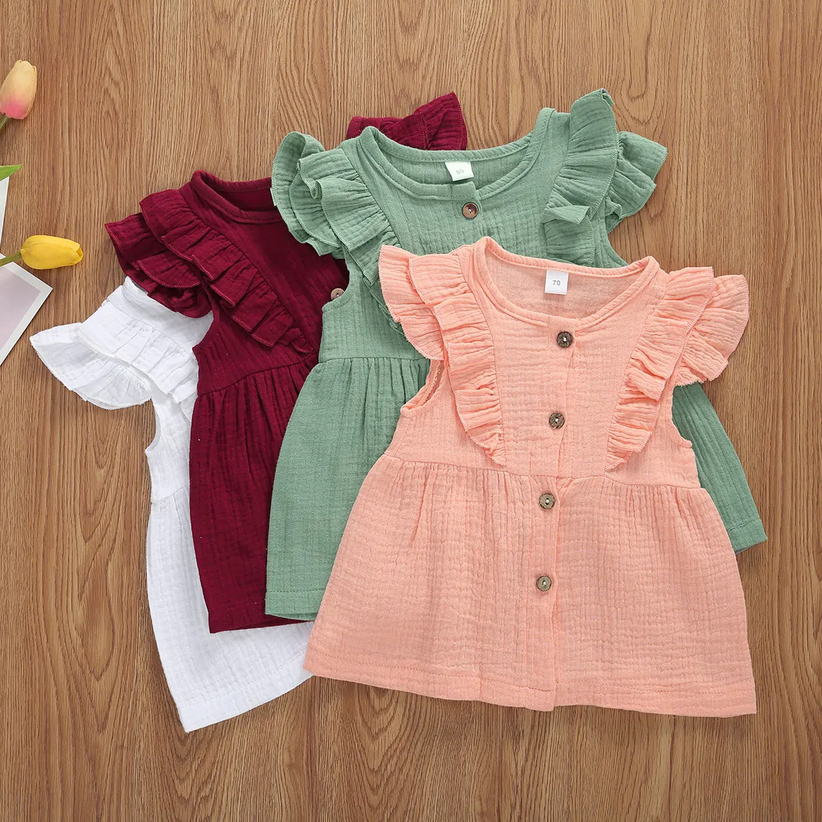 0-3Y Summer Cute Infant Baby Girls Mini Dress 4 Colors Solid Button Ruffles Sleeve A-Line Holiday Outfits | Детская одежда и обувь