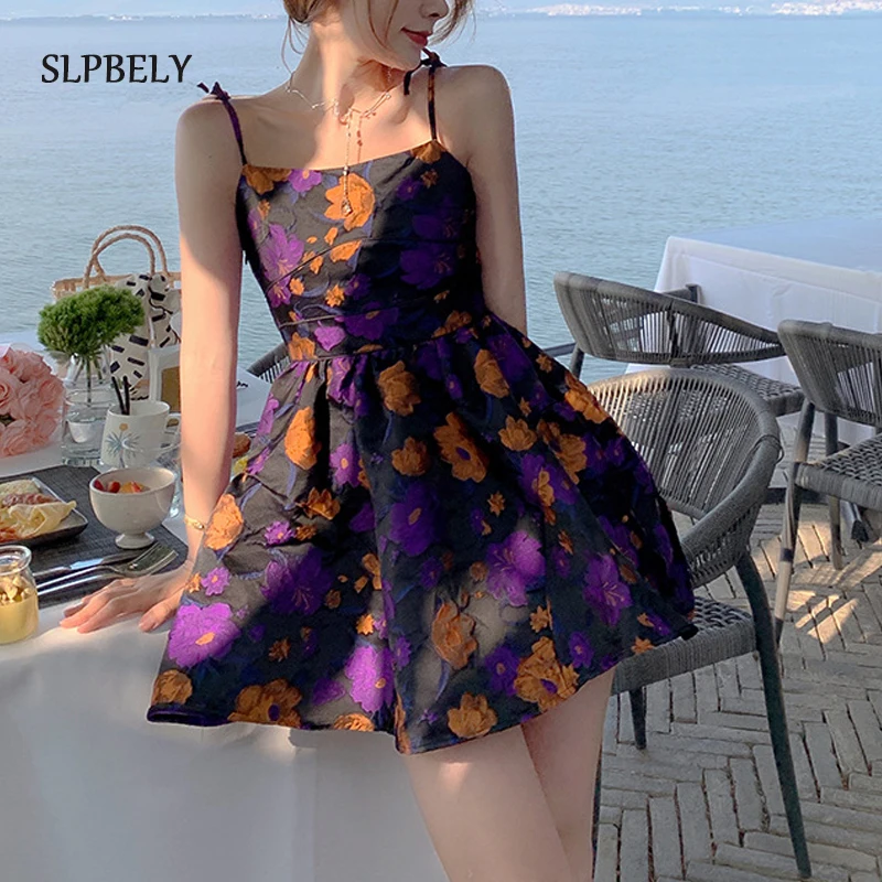 

SLPBELY Flower Printed Sling Mini Dress For Women Summer Sexy Spaghetti Strap Sleeveless Ruffle Dress Club Vacation Party Dress