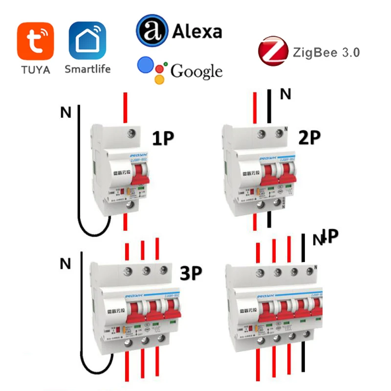 

Zigbee Tuya Smart Circuit Breaker 1P/2P/3P/4P 16A-125A Voltage Relay Home Remote Control IoT Air Switch By Alexa Google Home