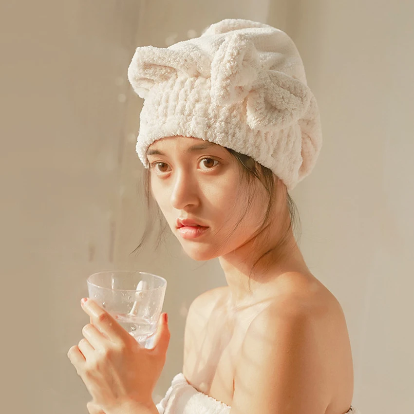 Bow-Knot Solid Color Dry Hair Cap Polyester Fabric Japanese Style Strong Water Absorption Quick Dry Use for Adults Bathroom