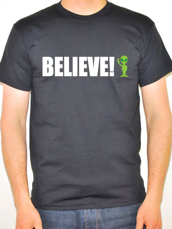 

Free shipping mens new fashion T shirt O-Neck Stylish BELIEVE - Alien Science Fiction UFO Themed Mens casual tee shirt