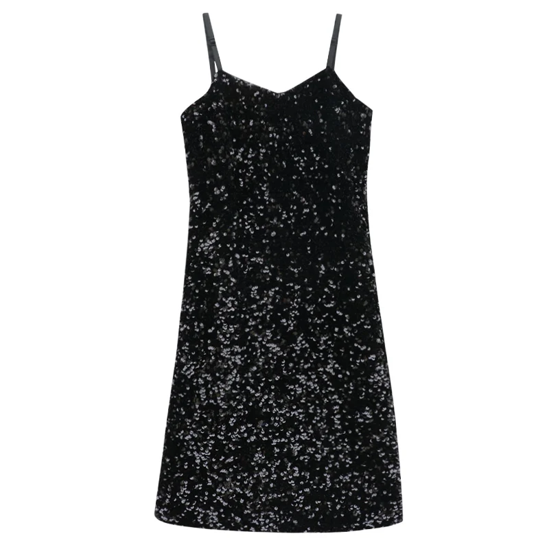 

Summer short mini Dress Women Solid Color Sexy Deep V-Neck Sleeveless Spaghetti Strap Backless High Sequined Sundress Vestidos