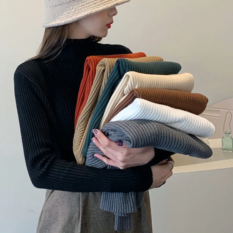 

Модный однотонный укороченный свитер, свитер с воротником средней длины, Женский пуловер, тонкая вязаная нижняя рубашка, зимняя женская оде...