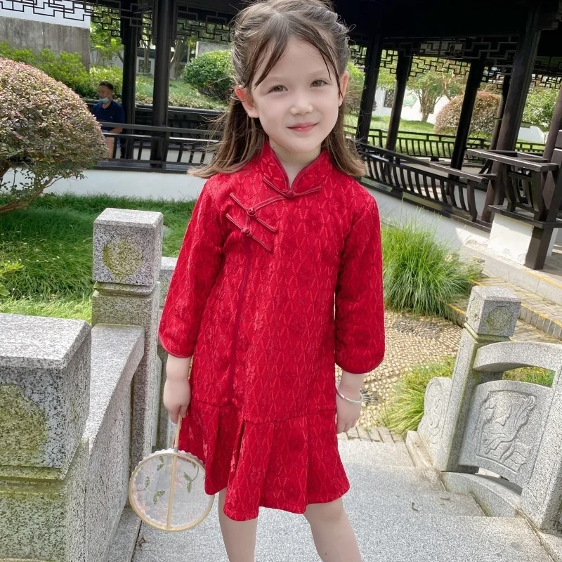 

Traditional 2021 Chinese Dress For Girls Cheongsam Kids Long Sleeve Hanfu Princess Year Outfit Autumn Red