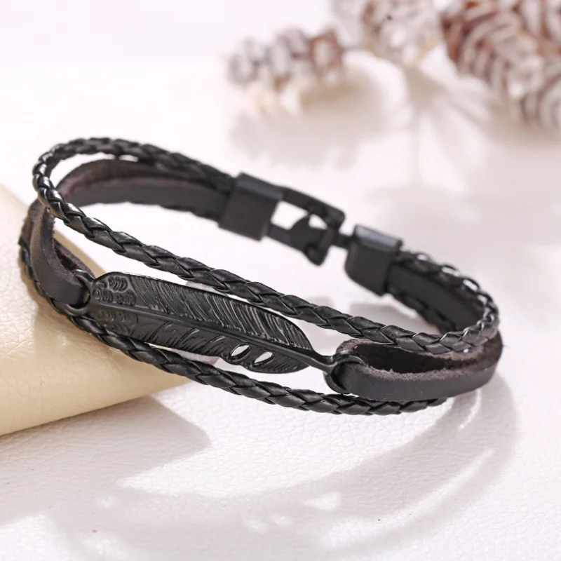 

2021 New Braided Feather Faux Leather Black Bracelet for Friends Gifts Party Jewelry Accessories