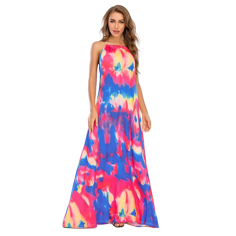 

Платье женское длинное с открытой спиной, пикантный Повседневный Сарафан Макси в пол, с лямкой на шее, без рукавов, пляжная одежда, лето 2020