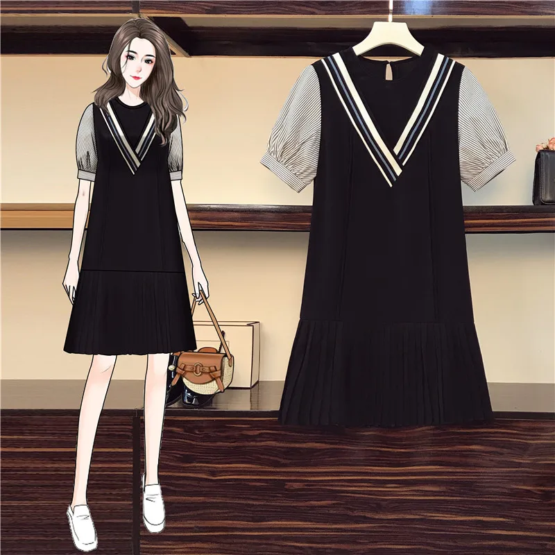 

4XL Plus Size Women Striped Dress Summer 2021 Fashion Puff Short Sleeve Patchwork Black Loose Casual Pleated Ruffle Dresses