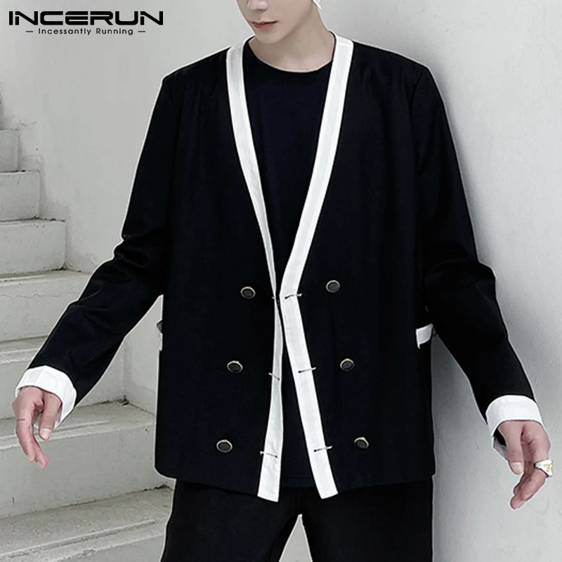 

INCERUN 2021 New Top Men's Stitching Color Suit Coat Simple Casual Fashion Blazer Long Sleeve Loose High-end Personality S-5XL