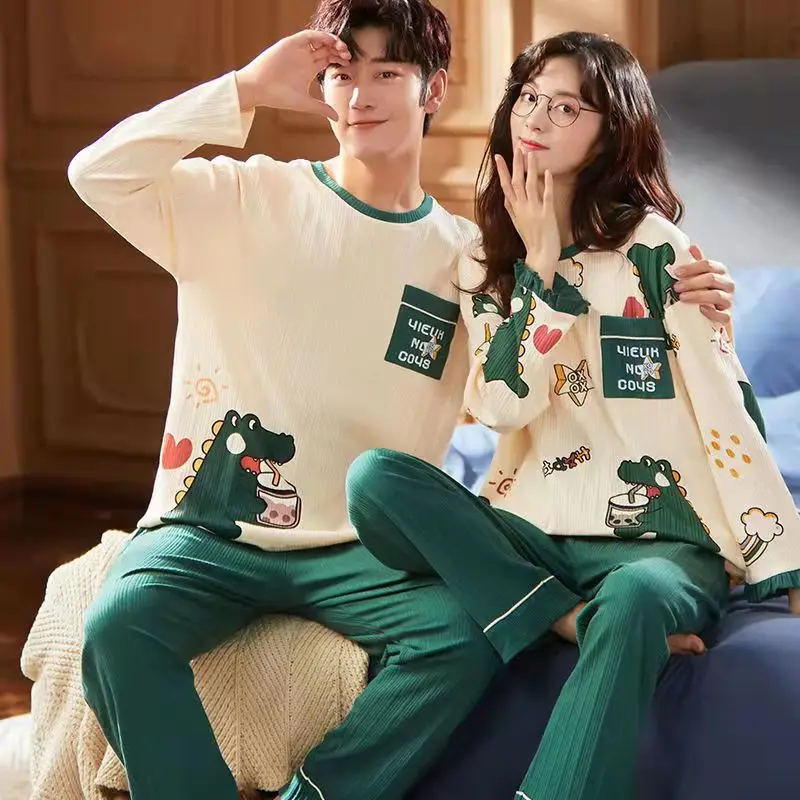 Women Pajamas Autumn Couple Lovers Matching Family Pijama Long Pants Japan Kawaii Cartoon Dinosaur Pattern Men's Sleepwear