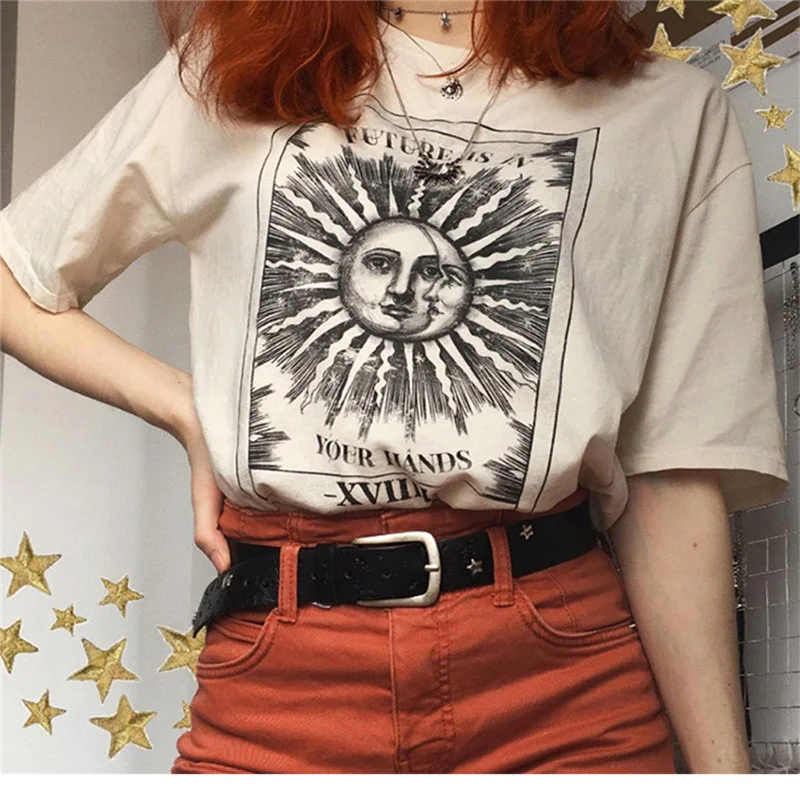

New Harajuku aesthetic Female Tshirt Sun moon Print Short Sleeve Tops & Tees Fashion Casual T Shirt Women Clothing T-shirts