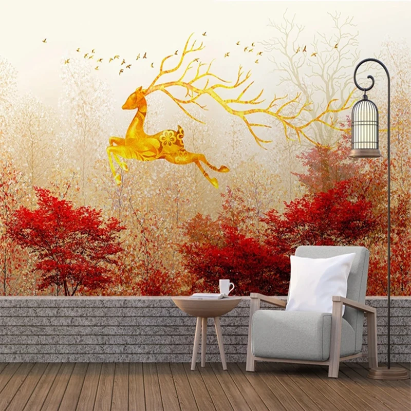 

Custom 3D Photo Hand Painted Relief Red Maple Leves Elk Deer Wallpaper for Bedroom Living Room TV Sofa Backdrop Wall Large Mural