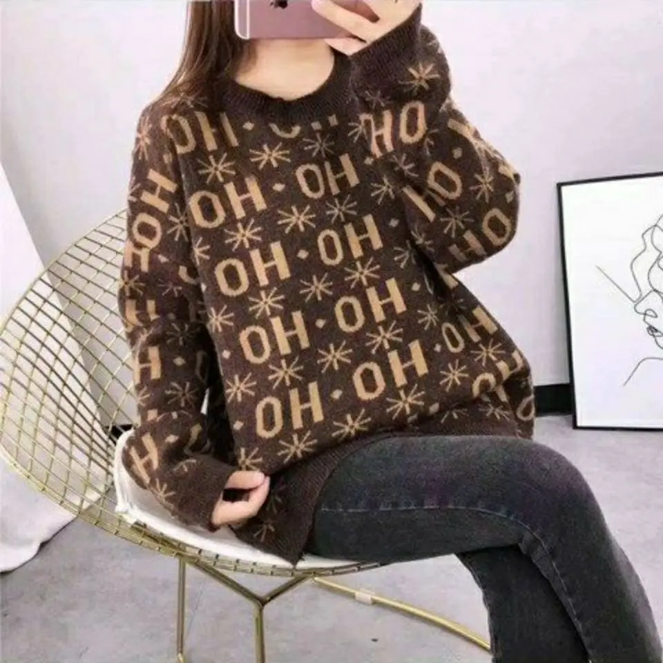 

Ms. Warm Autumn And Winter Pullover Sweater Letters Retro Loose Knit Long-Sleeved Round Neck Shirt
