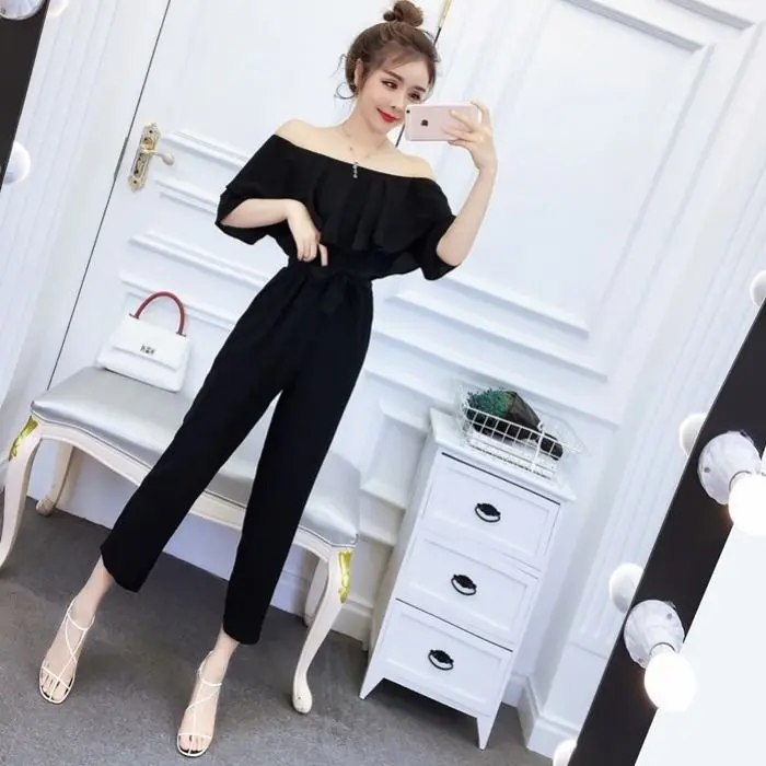 

Women 2021 Summer Korean Ruffle One Word Collar Plaid Chiffon Jumpsuit Casual High Waisted Lace-up Cropped Pants Rompers Y424