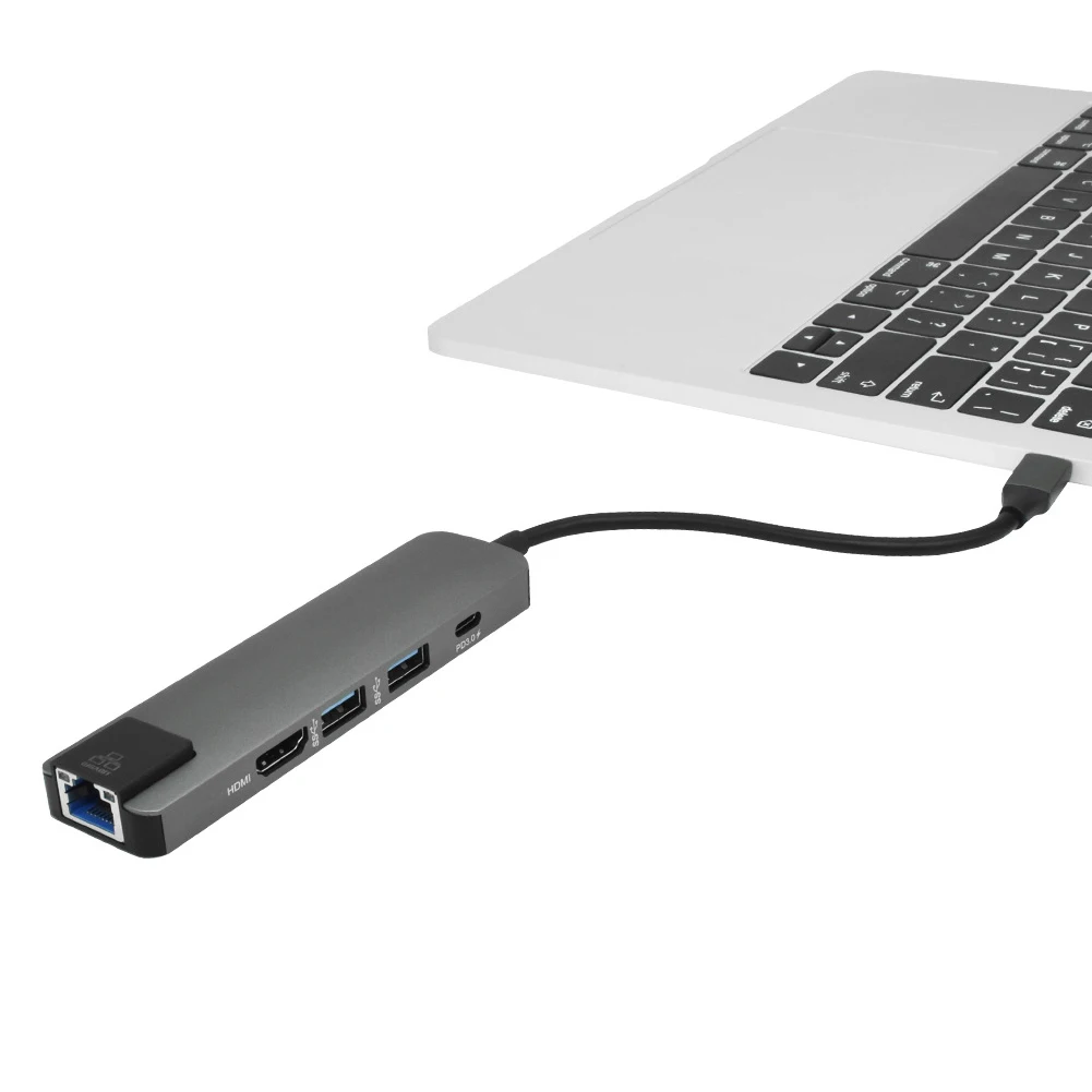 

Type C To 3.0 5 In 1 Gigabit Ethernet Lan Adapter USB Hub Card Reader Data Transfer Aluminium Alloy Ports Power Delivery