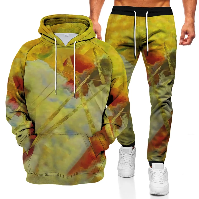 

2021 Men's Hooded Sweater Set Hoodie + Pants Two-piece Set Spring Men's Abstract Print Hoodie Casual Sports Pants Set