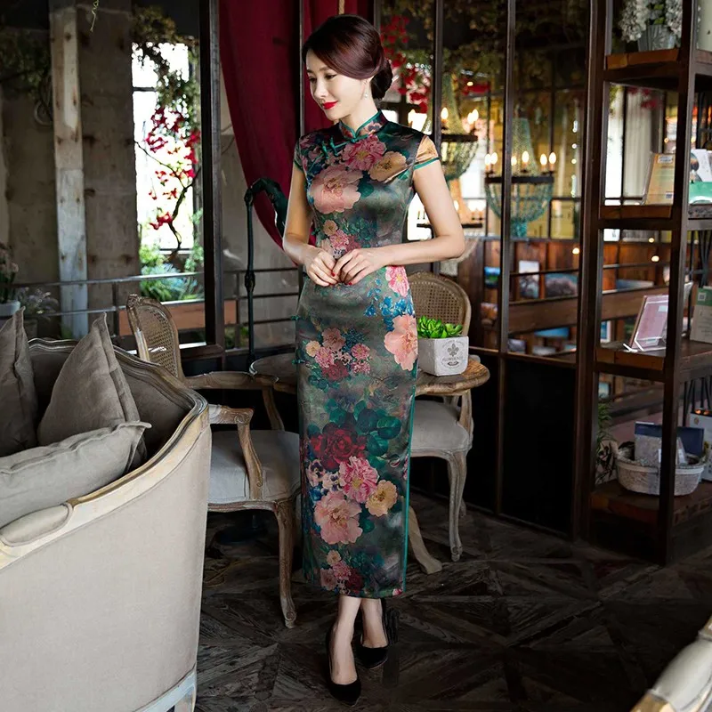 

Female Sweet Flower Print Novelty Qipao Short Sleeve Exquisite Chinese Formal Party Dress Sexy Slim Elegant Long Cheongsam