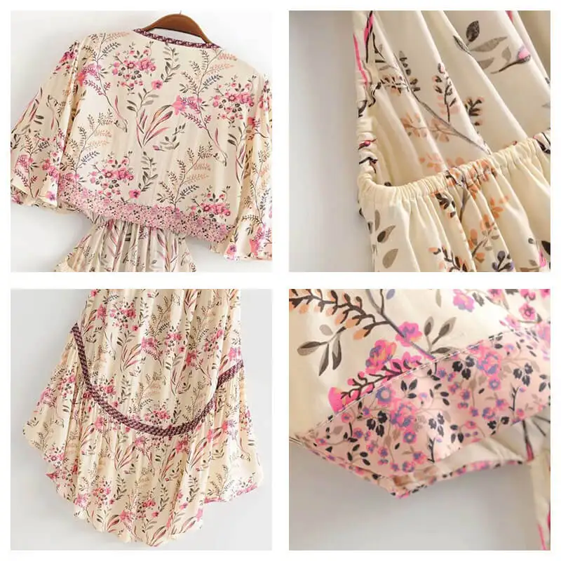 

Gorgeous Boho Floral Belt High-Low Dress Elegant Casual Half Sleeve Robe Vestido 2021 Summer Sexy Deep V-neck Bow Bandage Dress