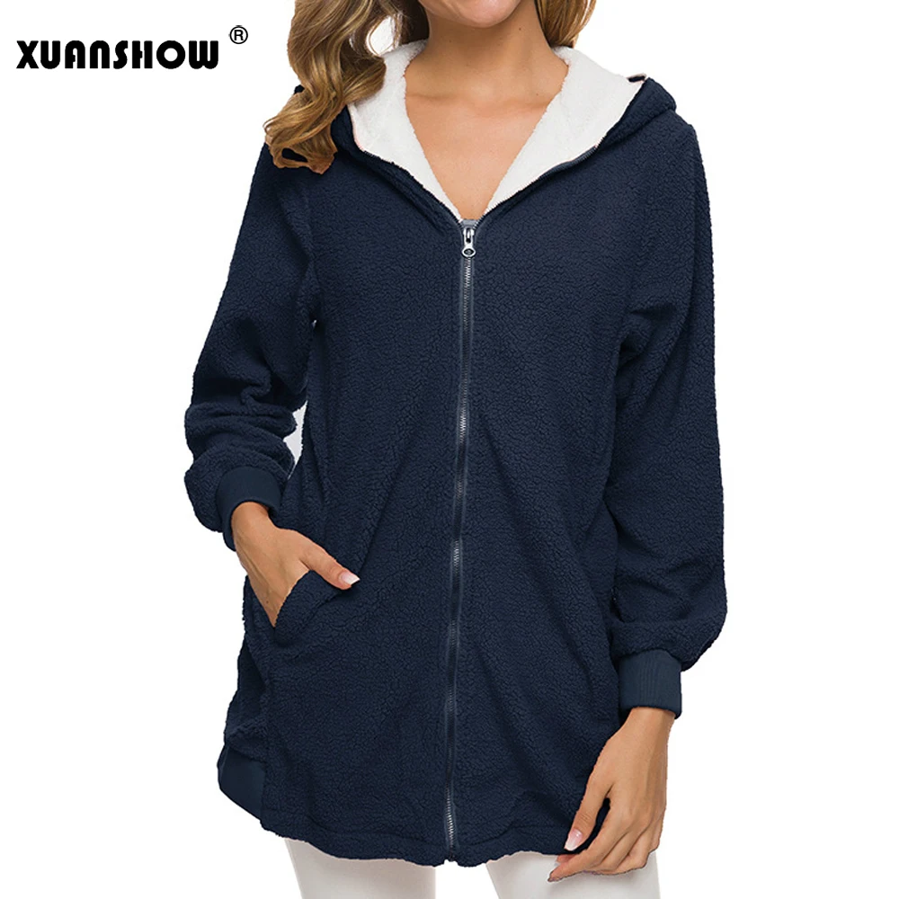Navy Blue XUANSHOW негабаритный зима Долго Искусственный мех Женские пальто Стройное Длинный рукав Держать в тепле плюш Флокирование Женские куртки С капюшоном 5XL - Цвет: Navy Blue