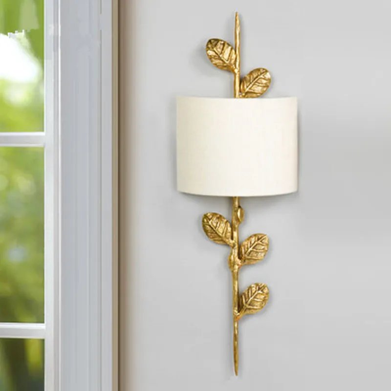

American Country Aisle Wall Lamps Luxury Copper Living Room Wall Branches LED Lights Bedroom Bedside Fabric Shade Fixtures