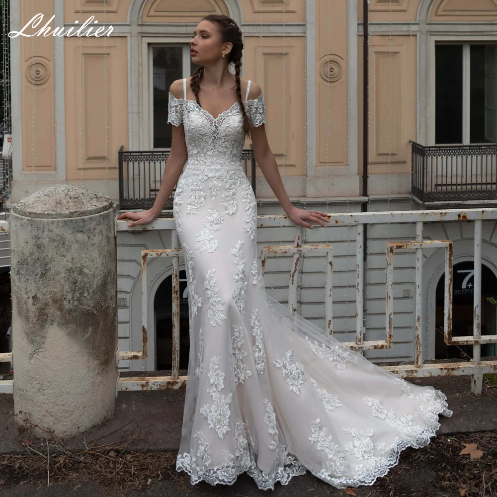 

Элегантное кружевное свадебное платье с аппликацией Lhuilier, свадебное платье с коротким рукавом и шлейфом, свадебное платье на бретелях-спагетти