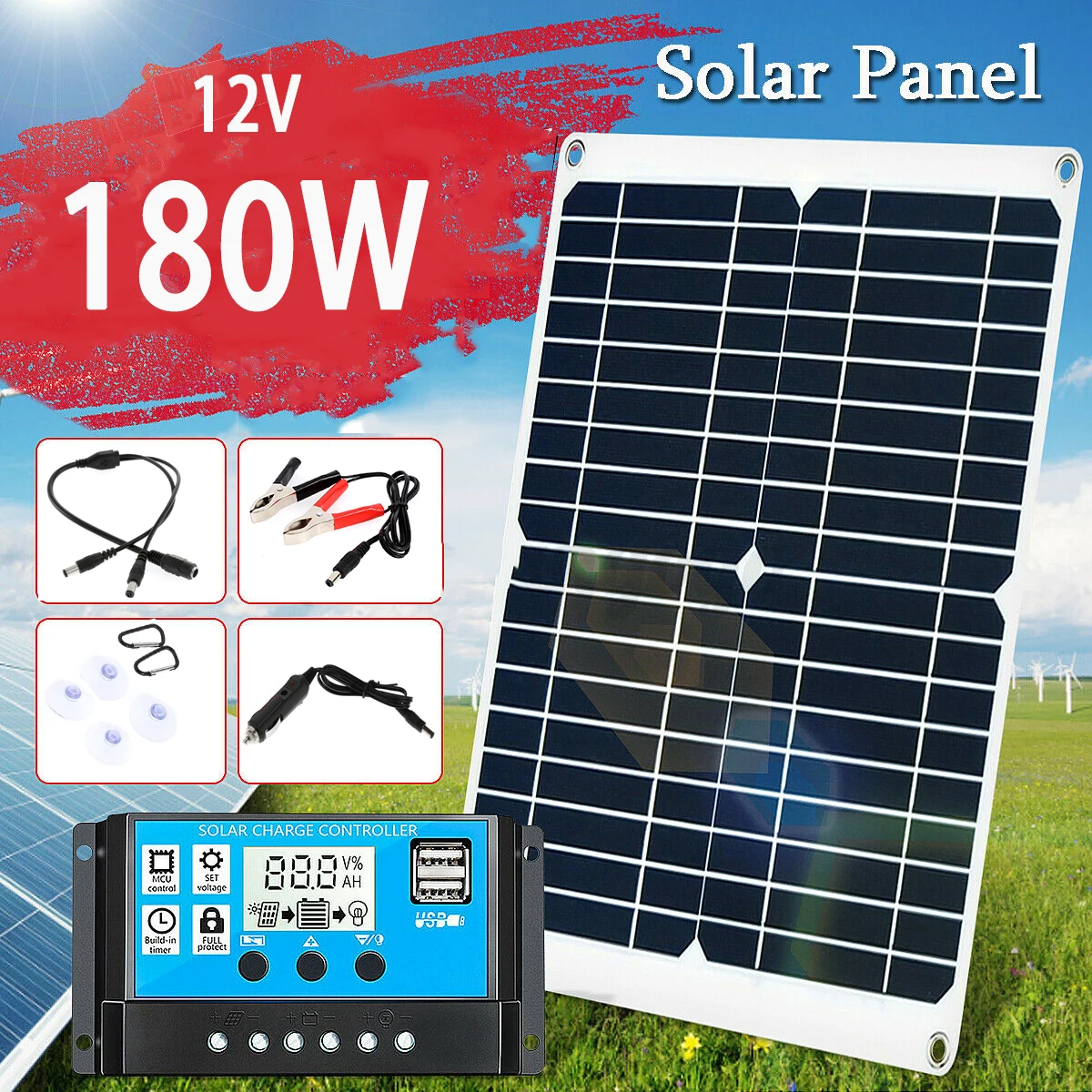 180W 12V Protable Solar Panel Kit Dual USB Port Battery Power Bank With 20A Controller Charger Outdoor Camping Yacht Lights | Электроника