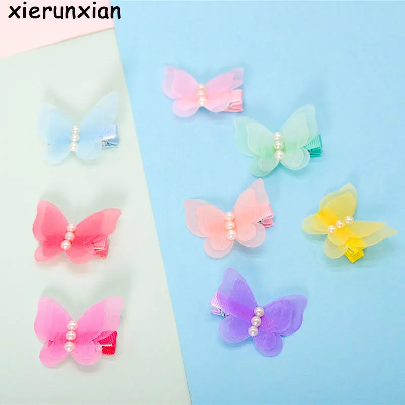Детские заколки для волос девочек милые жемчужные шифоновые с бабочками 2019