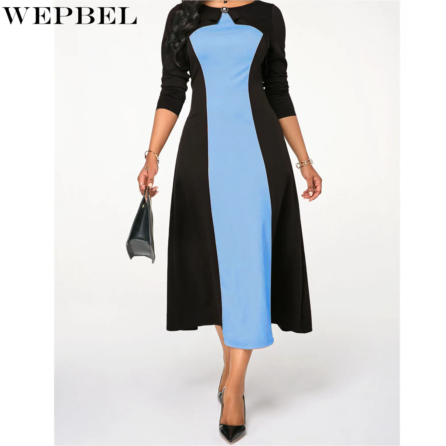 

Платье WEPBEL женское повседневное однотонное облегающее платье в стиле пэчворк осеннее модное платье с длинным рукавом и круглым вырезом и в...