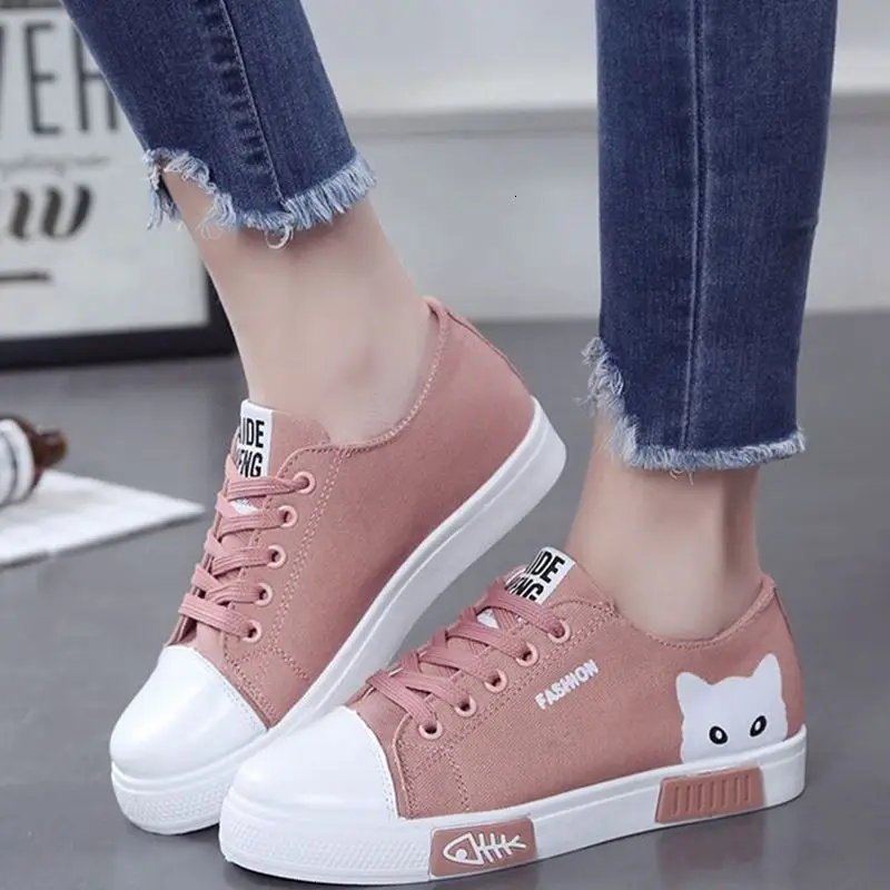 

Women Vulcanize Shoes 2019 New Cartoon Canvas Shoes Autumn Woman Shoes Lace Up Women Flats Sneakers Shoes Adult Footwear Basket