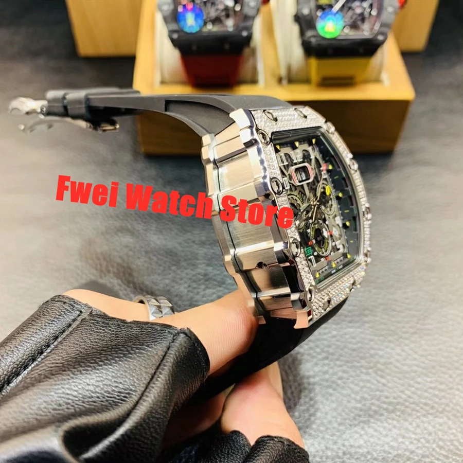 Роскошные мужские механические часы Diamond квадратные с резиновым ремешком модные