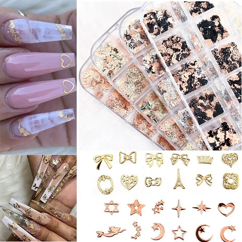 

Mixed Shaped Gold Ultra-thin New 12 Grids Nail Sequin Manicure Decoration Butterfly Flower 3D Nair Art Metallic Slice Flakes