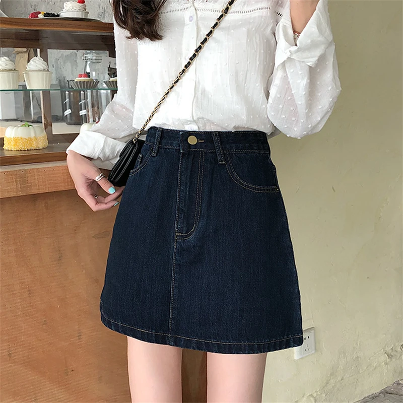 

Женская джинсовая мини-юбка с высокой талией, темно-синяя короткая трапециевидная юбка из денима для школьниц, SXHBSQ654, для весны и лета, 2022