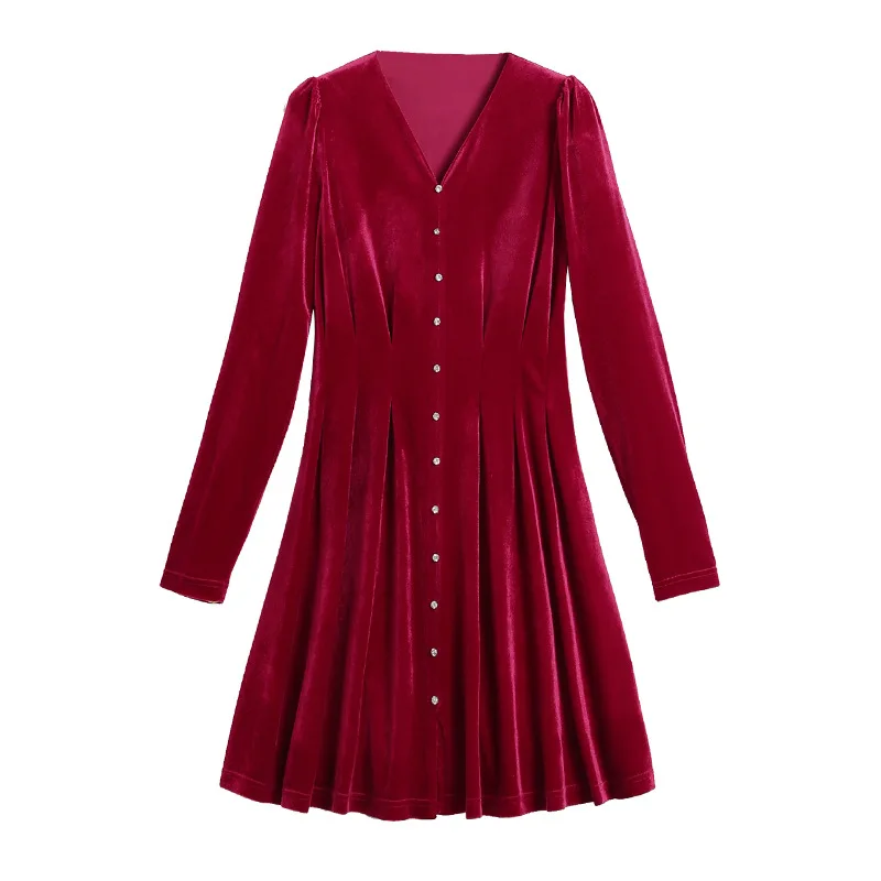 

BacklakeGirls Elegant V Neck Solid Color Single-breasted Party Velvet Dress Velour Long Sleeve Cocktail Dress Vestidos De Coctel