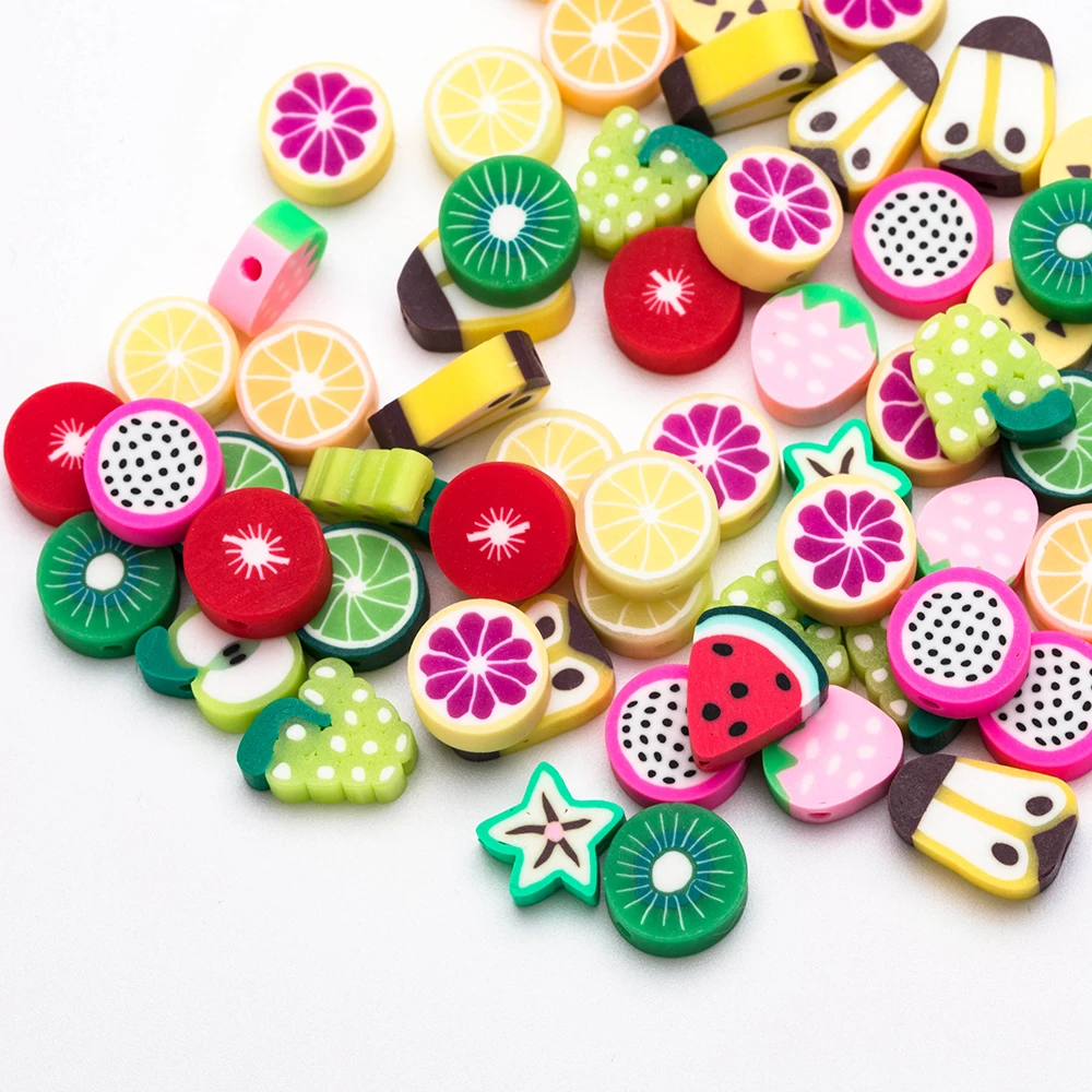 

100Pcs Round Polymer Clay Fruit Animal Beads Flat Cartoon Child Puzzle Heart Bead For DIY Bracelet Jewelry Making Accessories