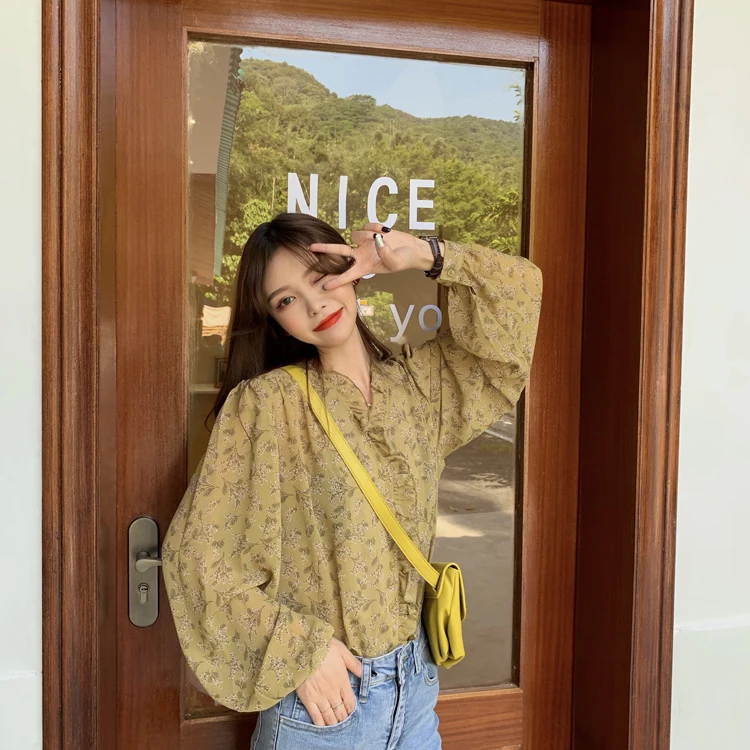 

V-neck Flower Print Chiffon Blouse Women Clothing Fashion Loose Long Sleeve Ladies Tops Causal Shirts Spring Autumn New 2021