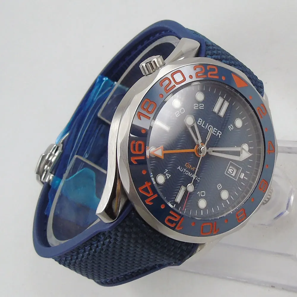 

41mm Blue Sterile Dial Self Winding Sapphire Glass Blue Rubber Strap Date Window Mens Watch Automatic GMT Movement