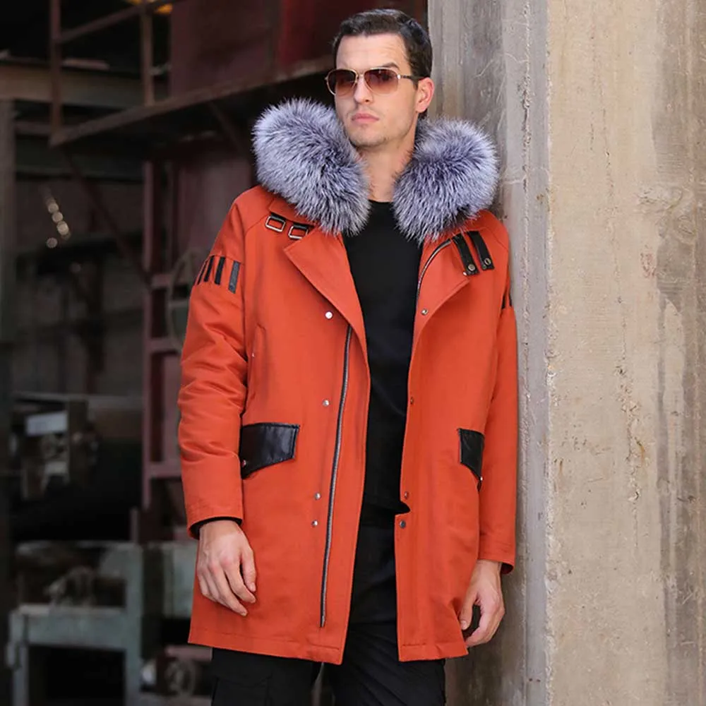 69142 Orange SANI камуфляжные меховые парки подкладка из кроличьего меха натуральная черно-бурая лиса мех с капюшоном натуральный мех одежда мужская зимняя теплая меховая куртка - Цвет: 69142 Orange