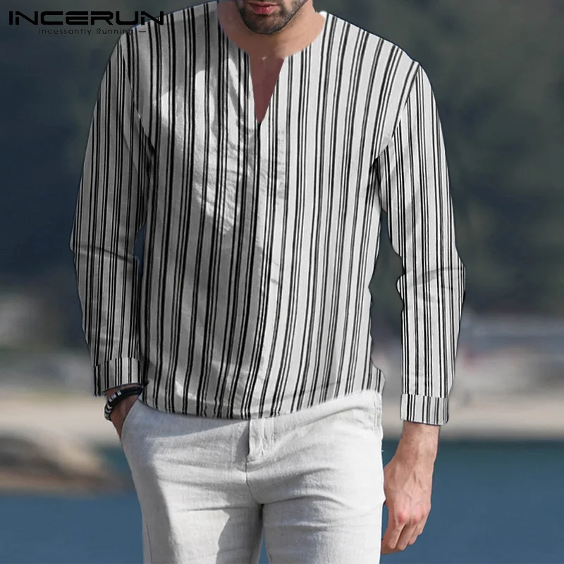 

Мужская винтажная рубашка в полоску, с V-образным вырезом и длинным рукавом