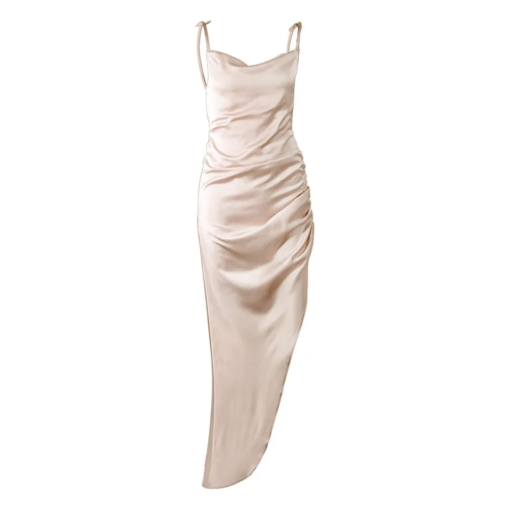 

Women's New Silk and Satin Sling Irregular Dress Sexy Open Back High Split Long Dress Evening Dress