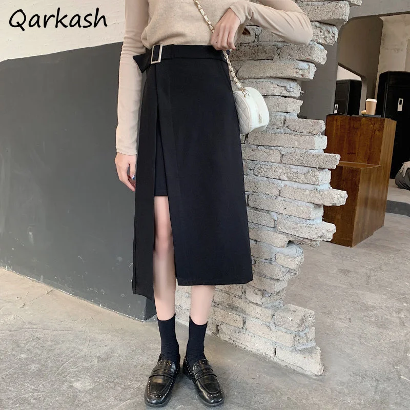 

Skirts Women Sashes Side Slit Cool Streetwear Trendy Black Mid-calf Students Office A-line Summer All-match Korean Style Retro