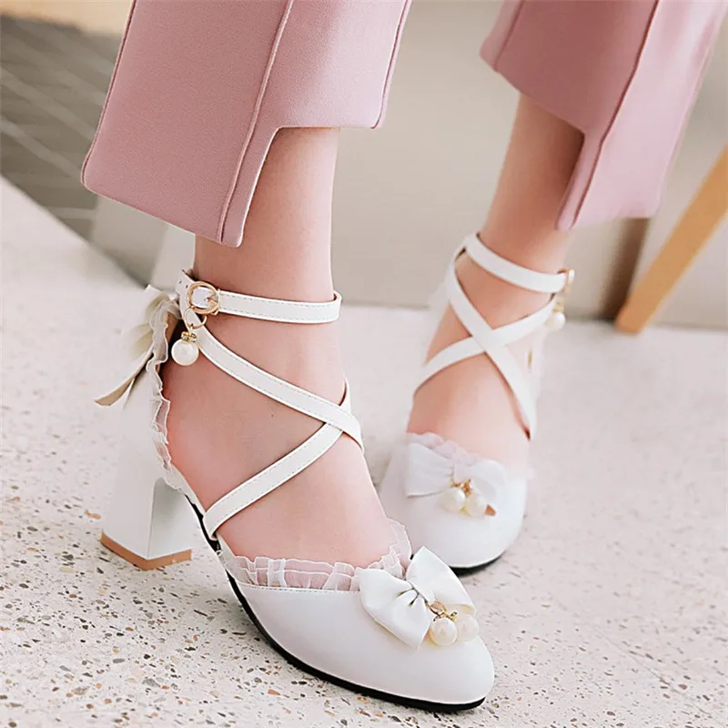 Lolita Shoes Pink White Bow Pumps Round Toe High Heels Cute Cosplay Kawaii Ankle Strap Block Ladies Size 43 44 | Обувь