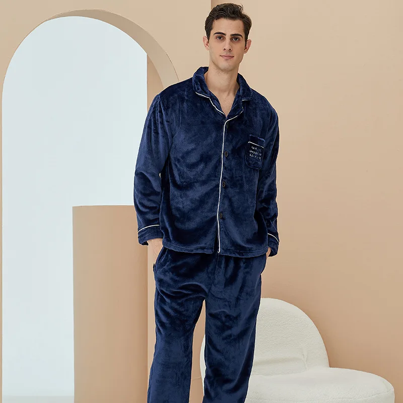 Flannel Fall/Winter Coral Fleece Thicken Home Furnishing Warm Suit Embroidered Men Pijamas Women Sexy 2 Piece Set