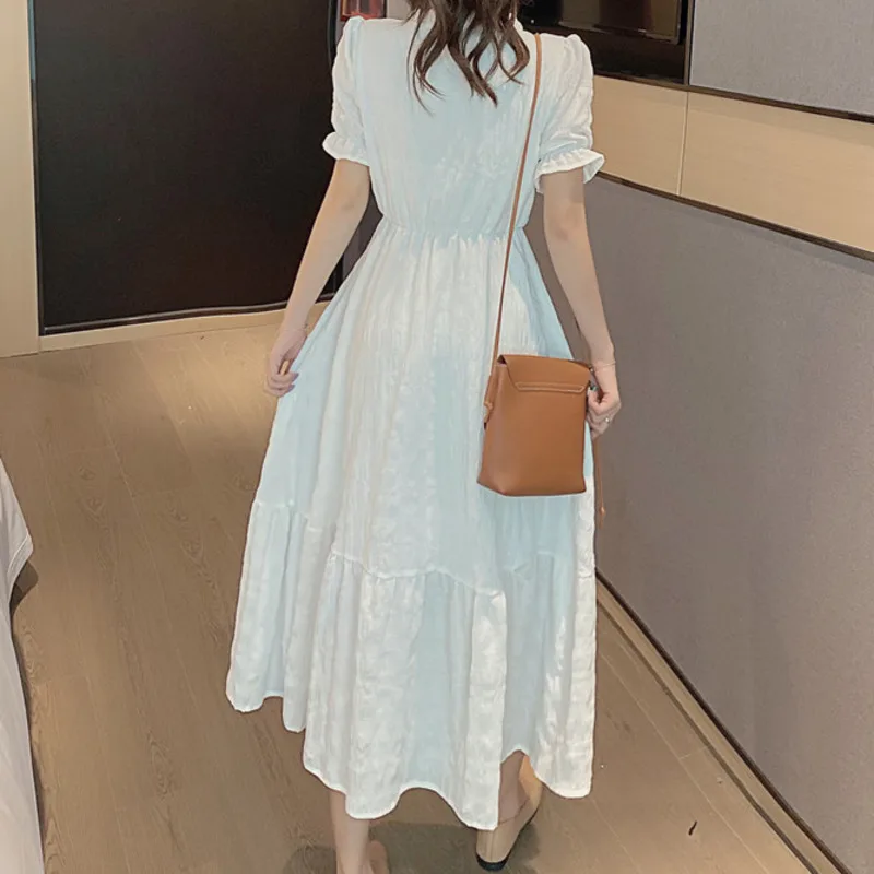 

2021 Summer New Vintage Short Sleeve Maxi Dress Summer Women Clothes Elegant Ladies Holiday Ruffles White Dress Vestido De Mujer