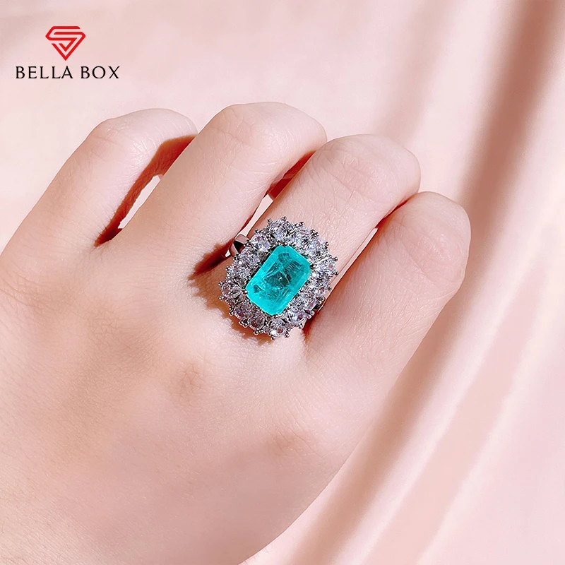 

BELLA BOX Luxury Paraiba Open Rings For Women 925 Sterling Silver Sky Blue 8*12mm Rectangle Wedding Anniversary Fine Jewelry