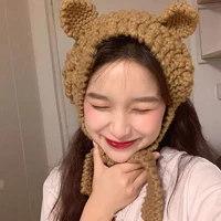 lunadolphin korean simplicity hat ins pink lovely bear ear headbands knitting winter autumn warm soft solid color knitted cap