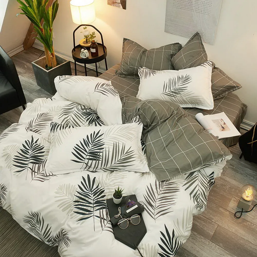 Серый лист перо постельное белье набор дома плоский пододеяльник наволочка один